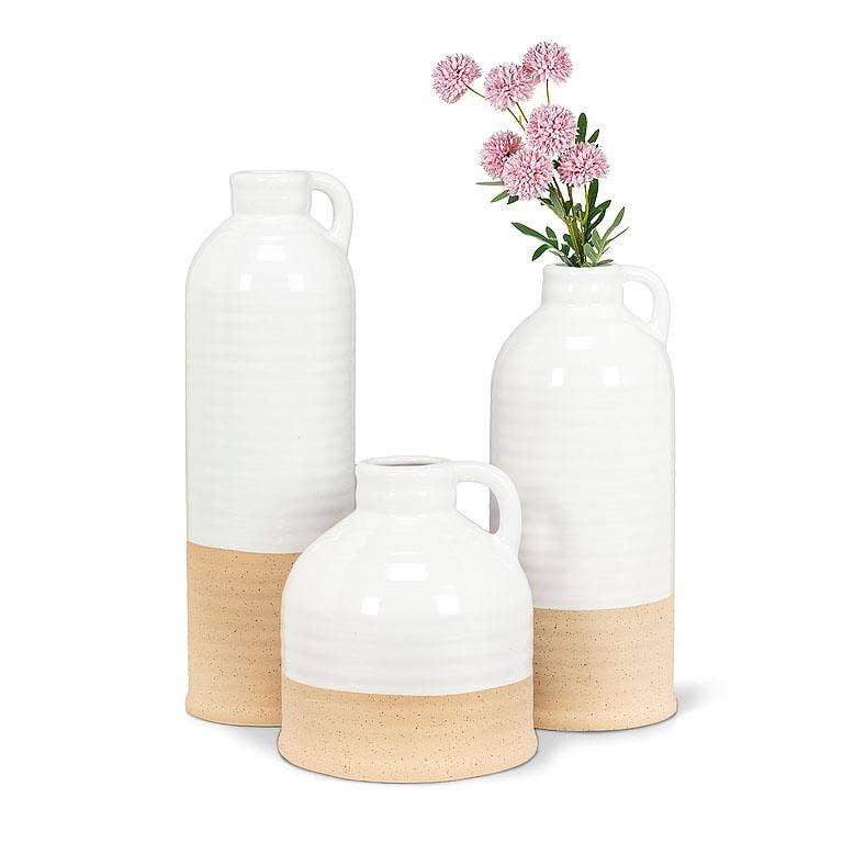 White & Natural Shiny & Matte Vase with Handle-6"H