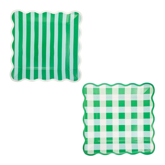 Gingham and Stripes Scalloped Square Plate Set