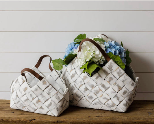 Basket Whitewash Chipwood with Leather Handle Small
